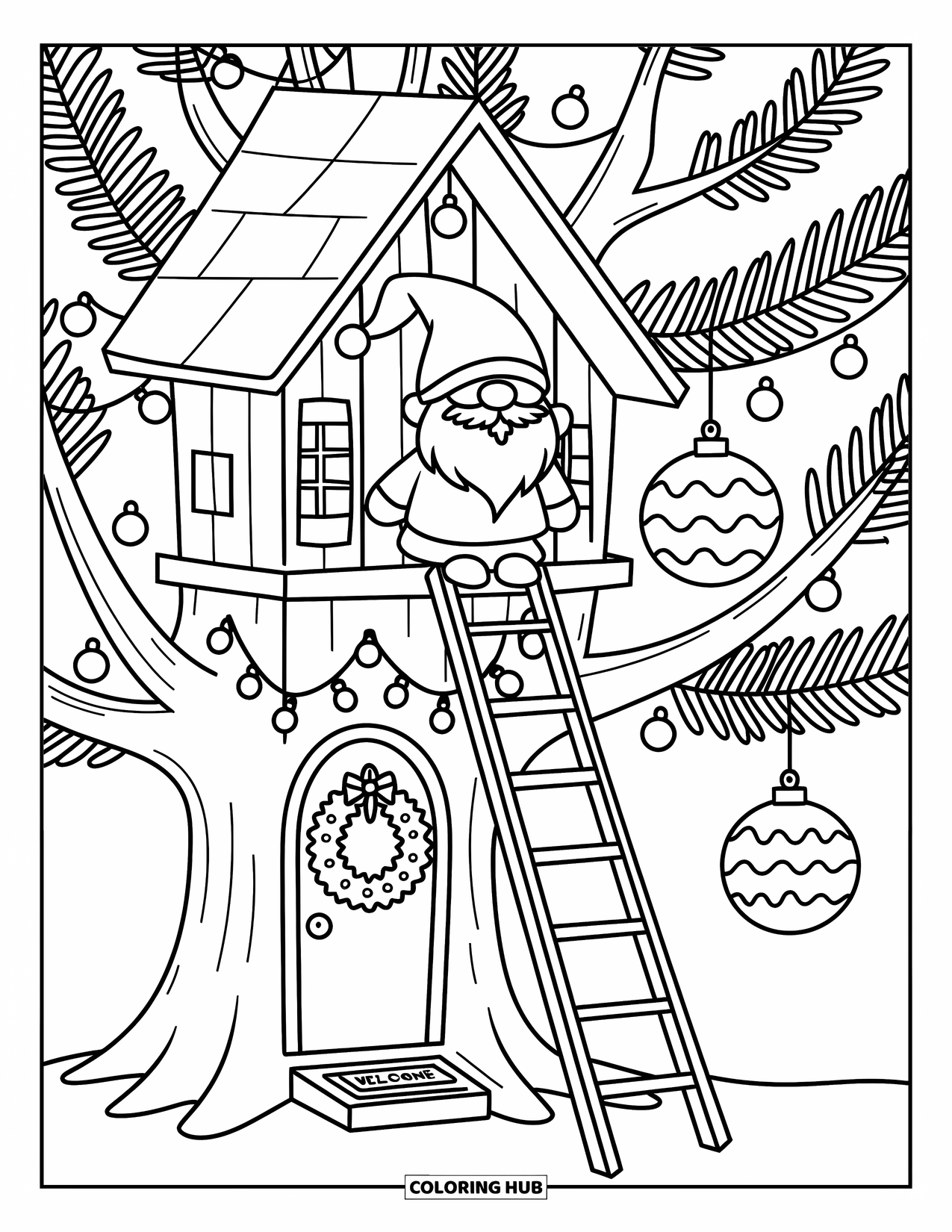 Christmas Gnome Coloring Page for Adults: Gnome on a ladder hangs ornaments on a treehouse nestled in a Christmas tree