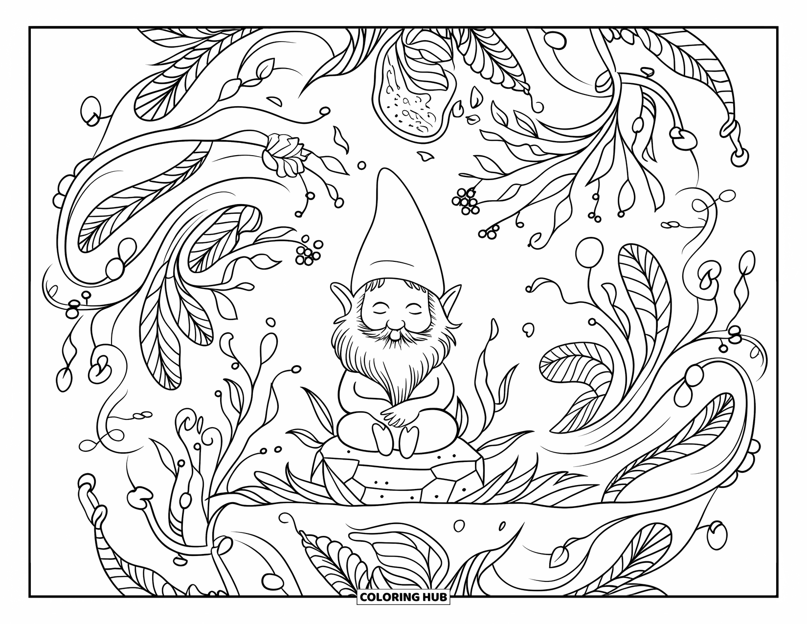 Christmas Gnome Coloring Page for Adults: Gnome rests on a stone in a mandala of vines, berries, and ornaments