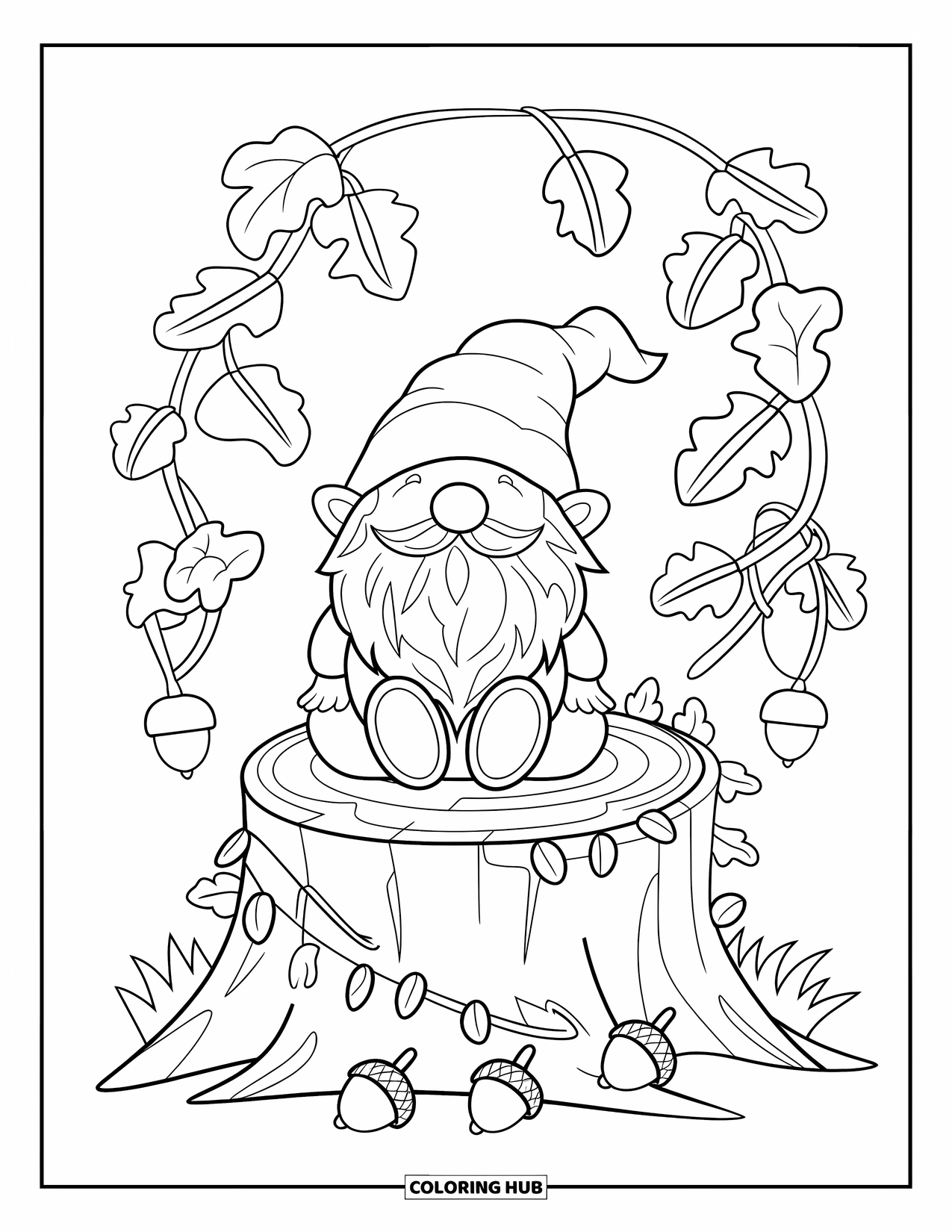 Christmas Gnome Coloring Page for Adults: Gnome sits among ivy and bells with clean outlines and cozy forest charm