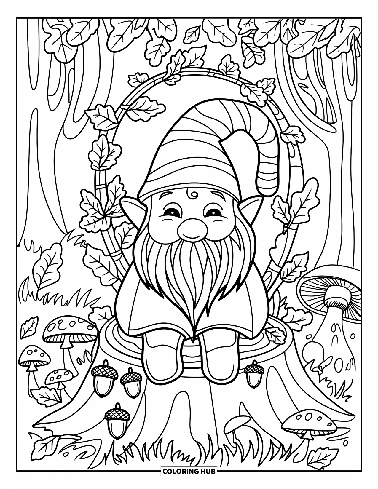 Christmas Gnome Coloring Page for Adults: Gnome sits on a stump with ivy, acorns, and ribboned bells all around