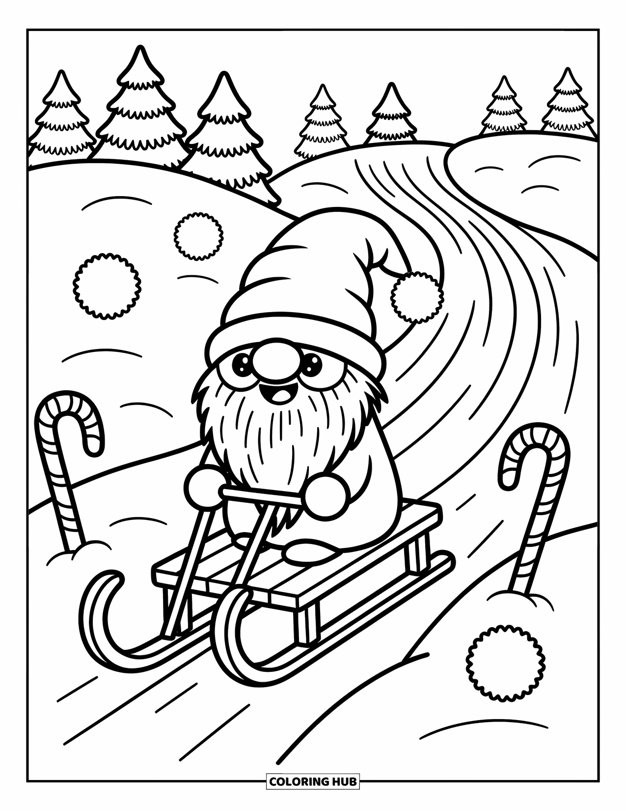 Christmas Gnome Coloring Page for Adults: Gnome sleds down a hill with candy canes and snowballs beside him