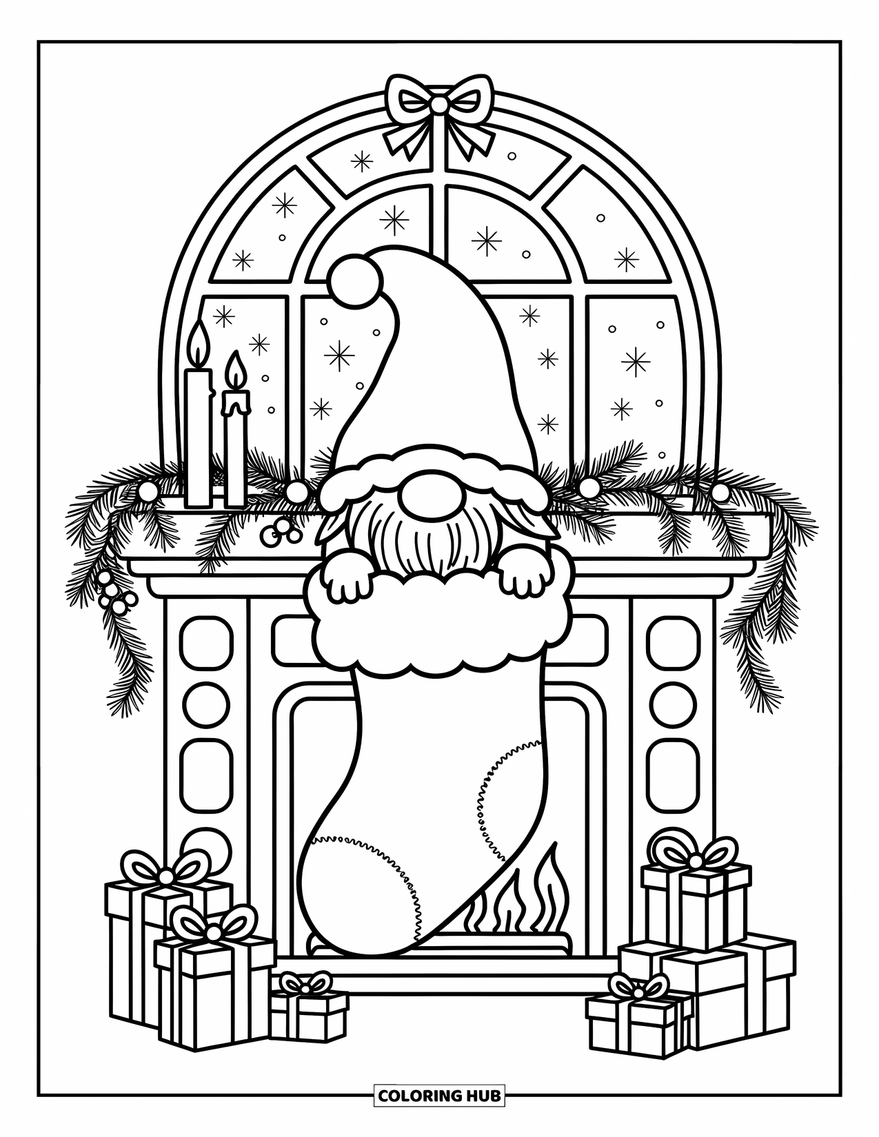 Christmas Gnome Coloring Page for Adults: Gnome snuggles in a stocking by the fireplace as snow falls outside