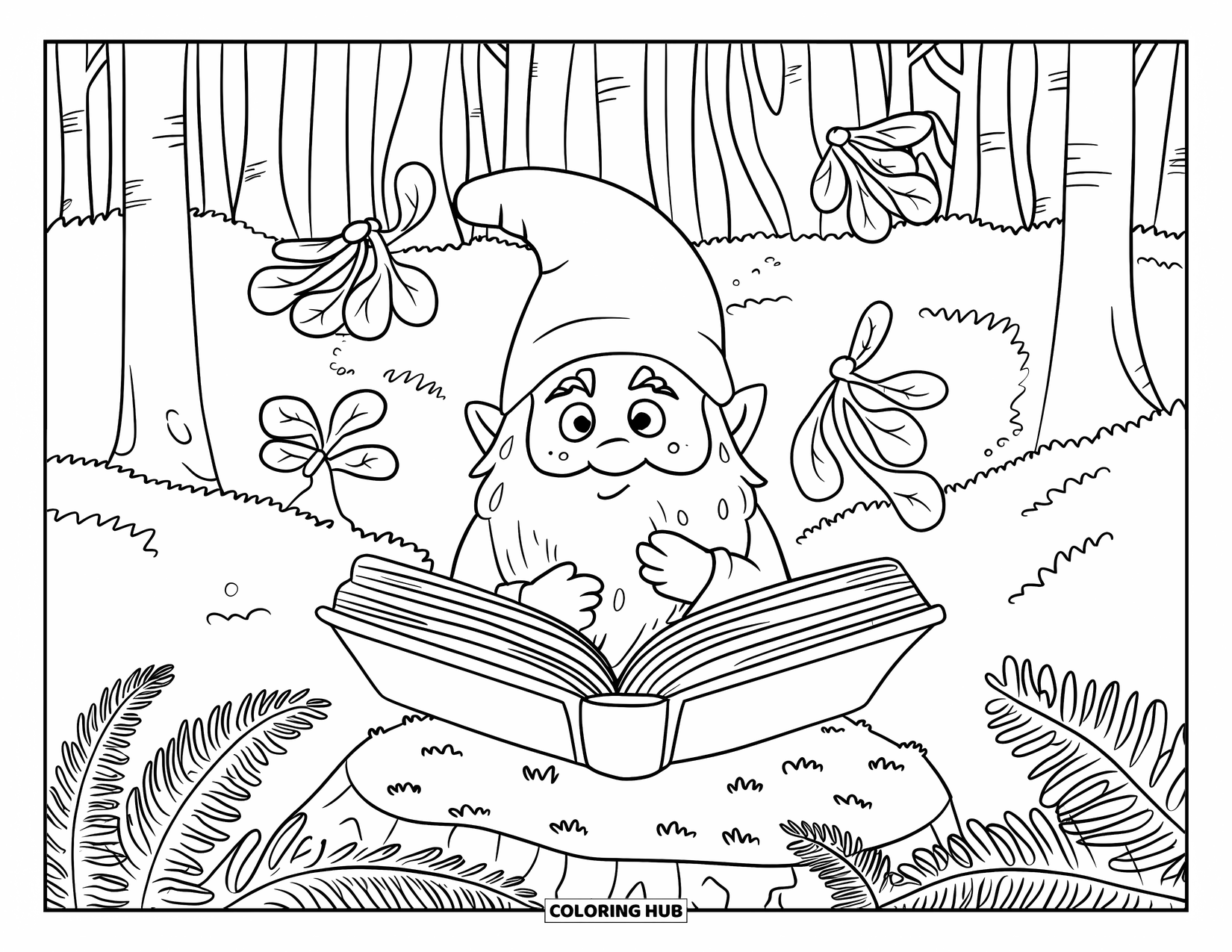 Christmas Gnome Coloring Page for Adults: Gnome with a book sits peacefully among tall trees and fern leaves