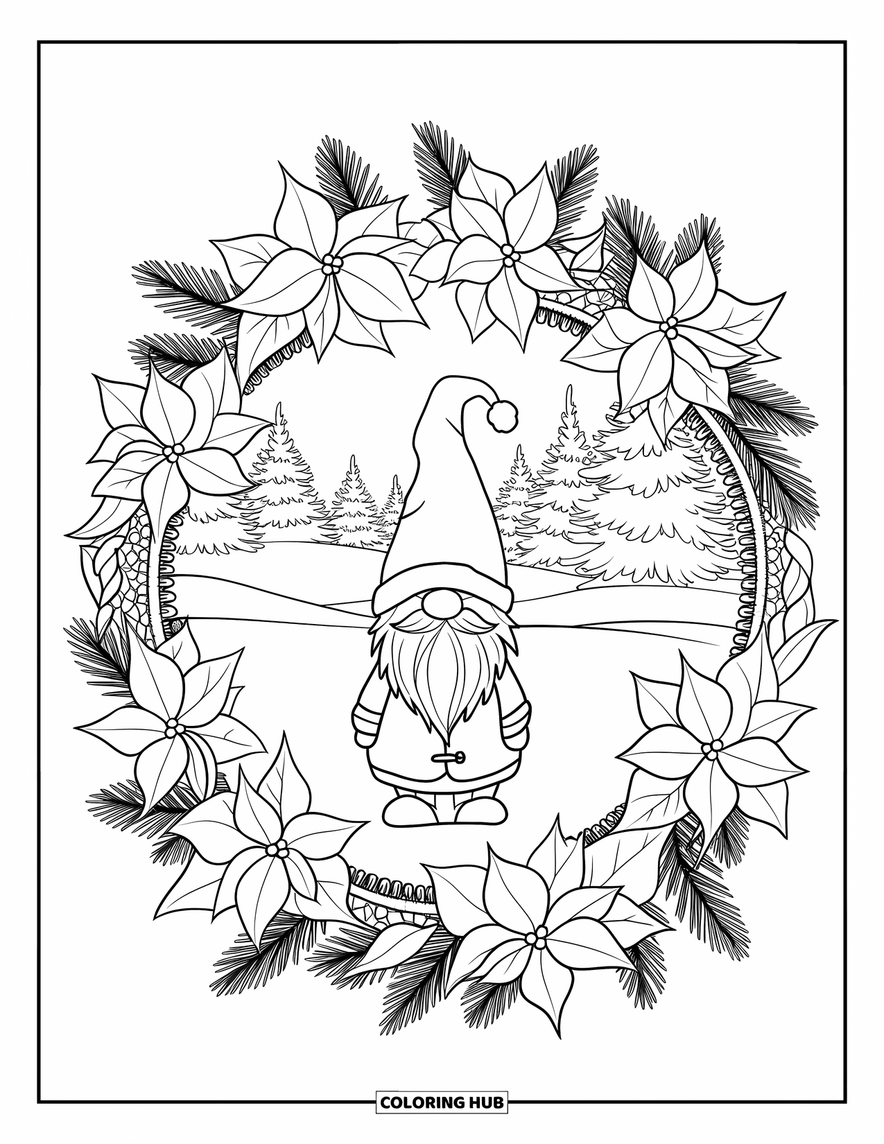 Christmas Gnome Coloring Page for Adults: Peaceful gnome in a ring of winter flowers and fir, ready to color