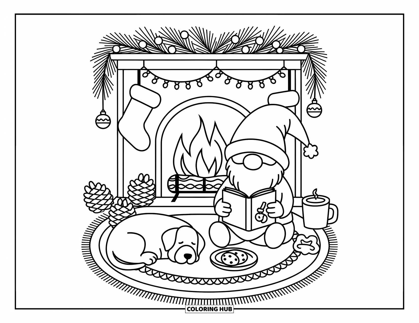Christmas Gnome Coloring Page for Adults: Peaceful gnome sits by the fire reading, with cocoa, cookies, and a sleepy dog