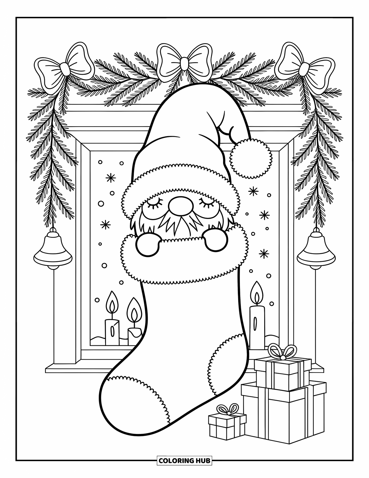 Christmas Gnome Coloring Page for Adults: Sleepy gnome peeks from a stocking on a festive fireplace with gifts and garlands