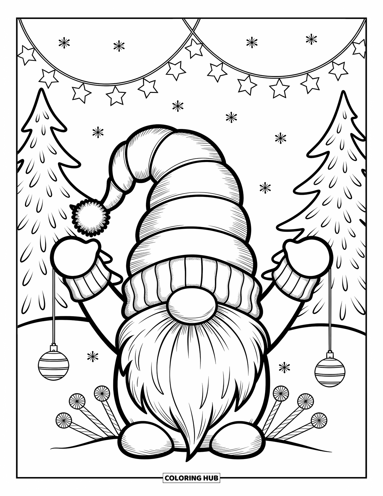 Christmas Gnome Coloring Page for Adults: Smiling gnome hangs star garlands as snowflakes fall on pine trees behind