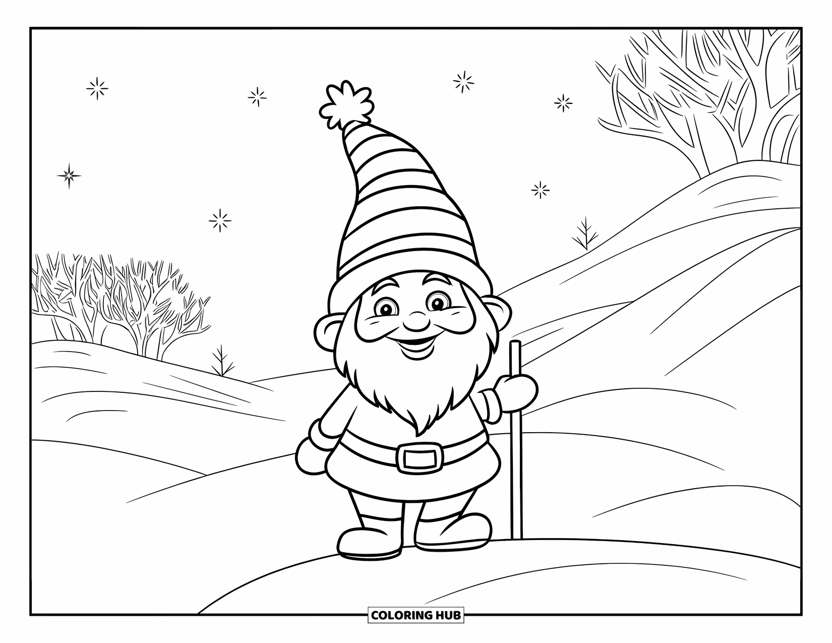 Christmas Gnome Coloring Page for Kids: Cheerful gnome with a walking stick stands on a snowy hill with stars above