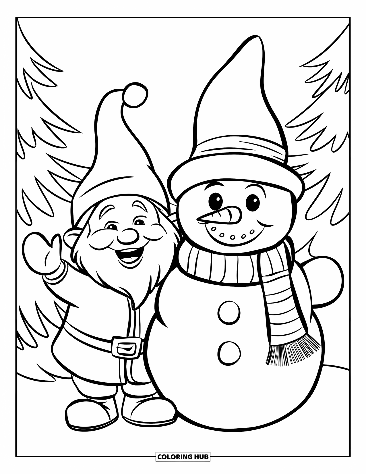 Christmas Gnome Coloring Page for Kids: Gnome and snowman stand side by side, smiling in a snowy forest