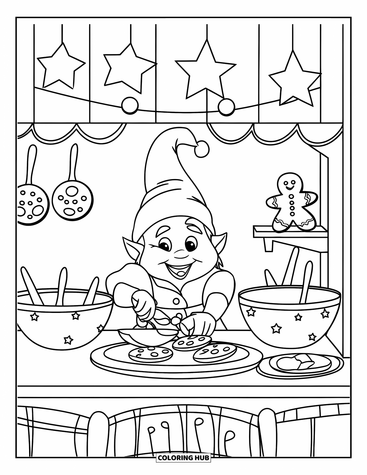 Christmas Gnome Coloring Page for Kids: Gnome bakes cookies in a cozy kitchen decorated with stars and treats