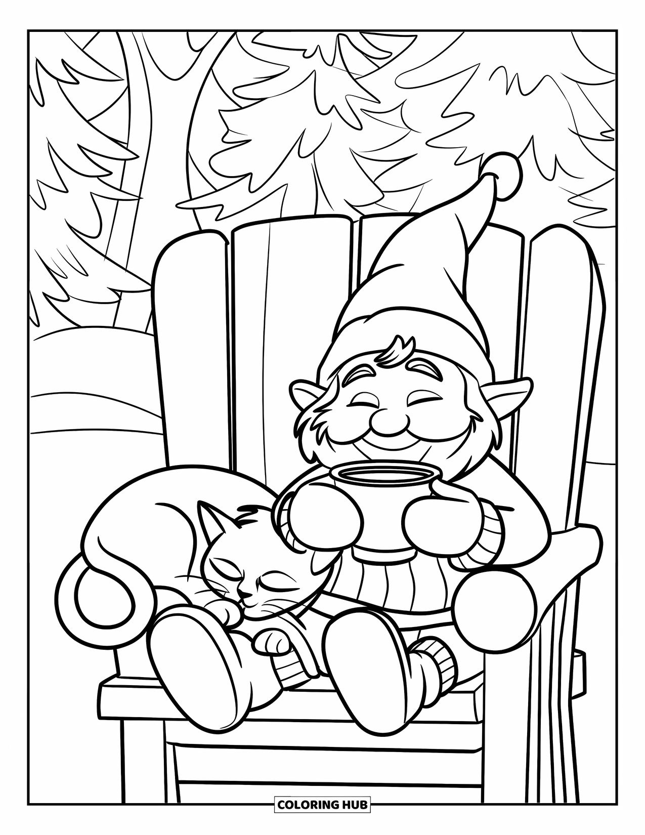 Christmas Gnome Coloring Page for Kids: Gnome drinks cocoa beside a sleeping cat in a quiet snowy forest