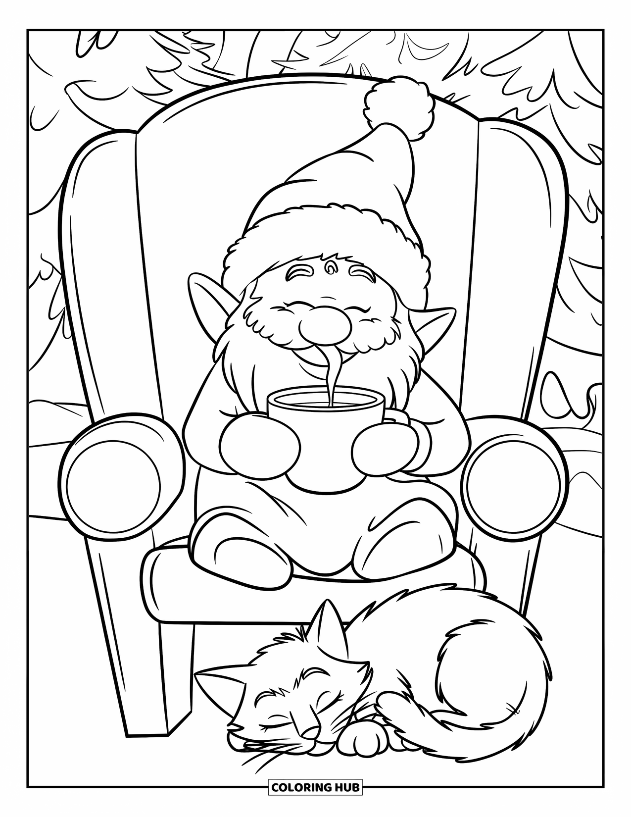 Christmas Gnome Coloring Page for Kids: Gnome enjoys cocoa beside a napping cat in a peaceful snowy setting