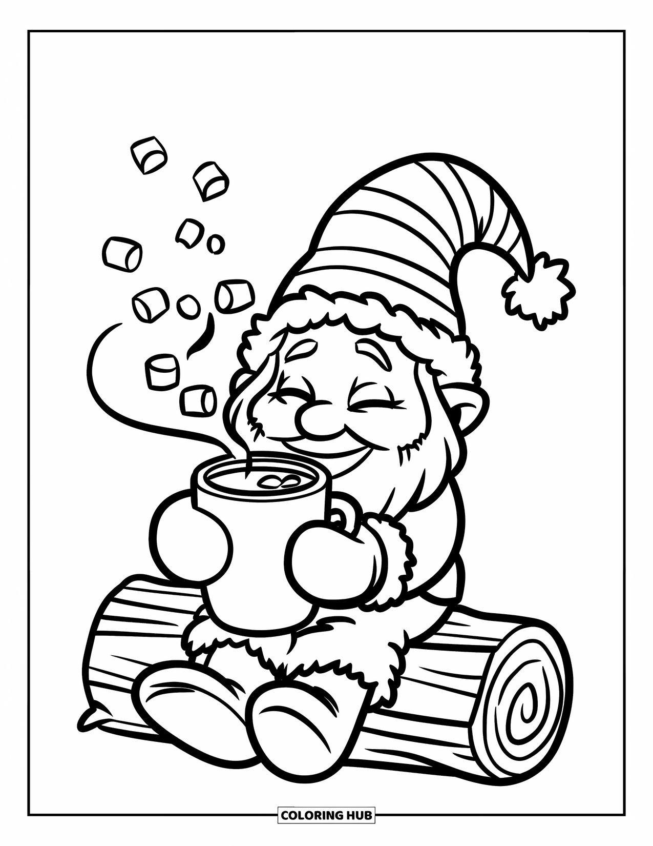 Christmas Gnome Coloring Page for Kids: Gnome enjoys cocoa with marshmallows while sitting by a Christmas tree
