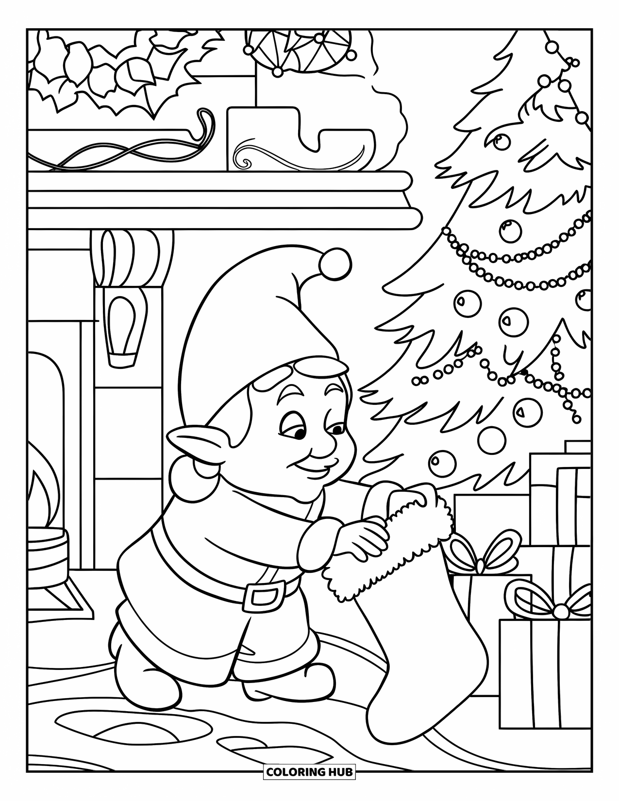 Christmas Gnome Coloring Page for Kids: Gnome hangs stockings by the fire in a festive room with a tree and gifts