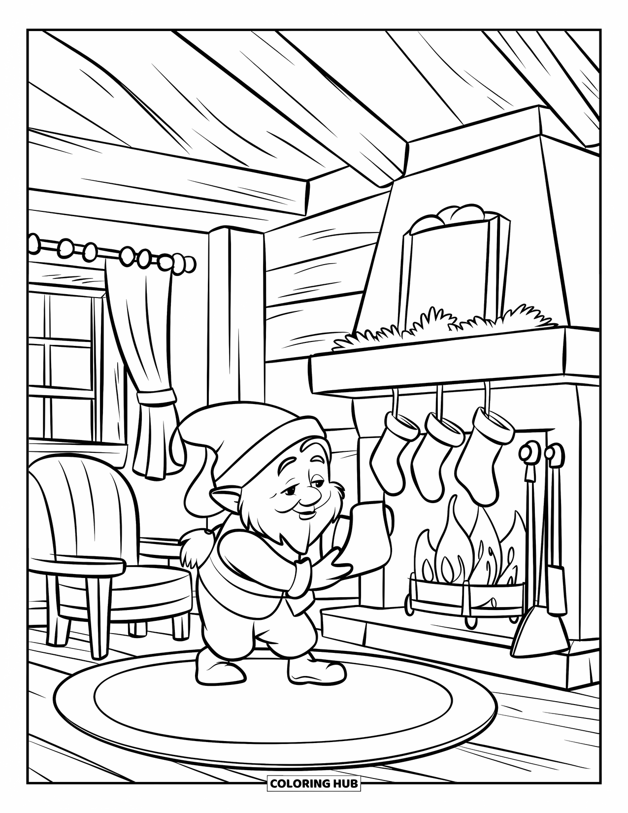 Christmas Gnome Coloring Page for Kids: Gnome hangs stockings in a cozy room with wooden beams, a table, and a warm fire