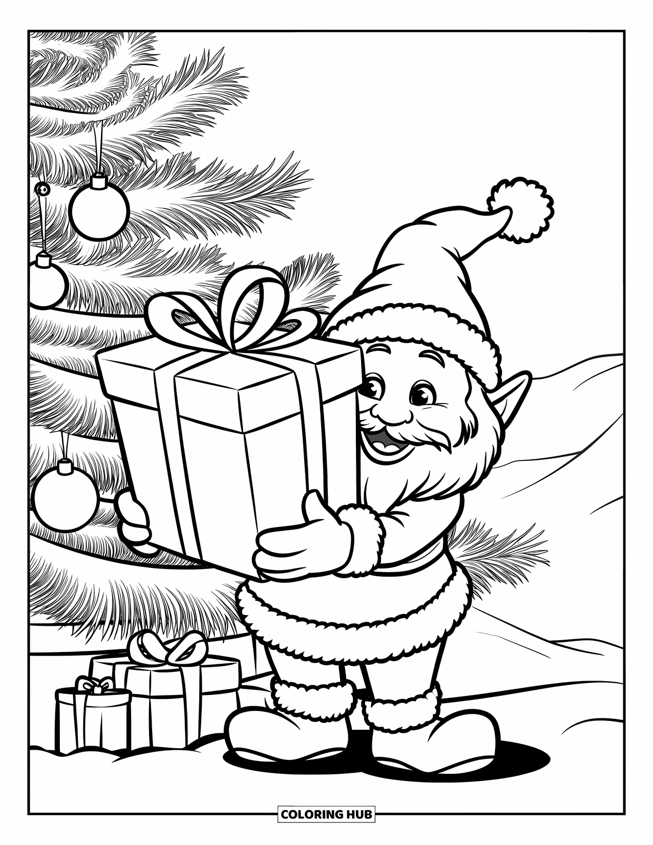 Christmas Gnome Coloring Page for Kids: Gnome holding a huge gift stands beneath a decorated tree near snowy hills