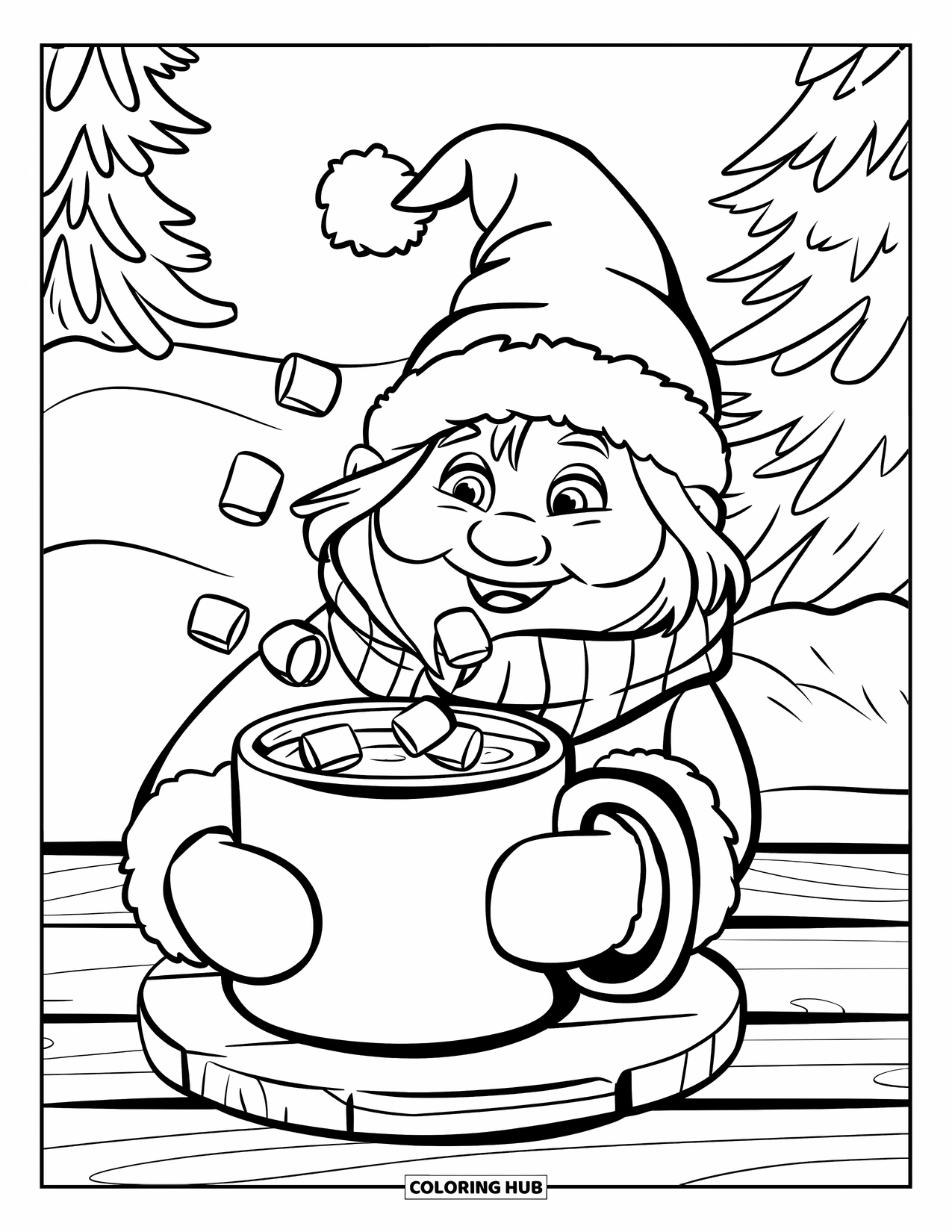 Christmas Gnome Coloring Page for Kids: Gnome in a red hat holds cocoa near snowy trees and a wooden board