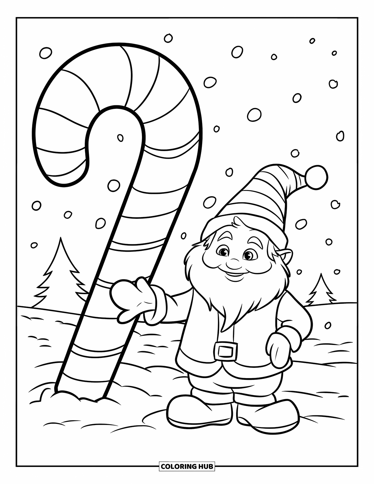 Christmas Gnome Coloring Page for Kids: Gnome in a striped hat stands by a giant candy cane in the snow