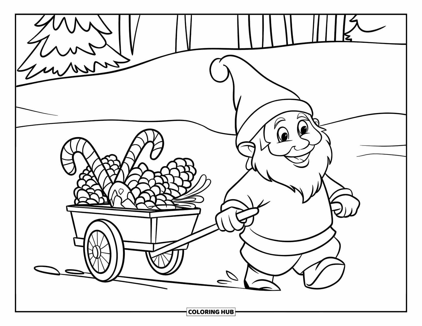 Christmas Gnome Coloring Page for Kids: Gnome in festive outfit pulls a cart down a snowy trail