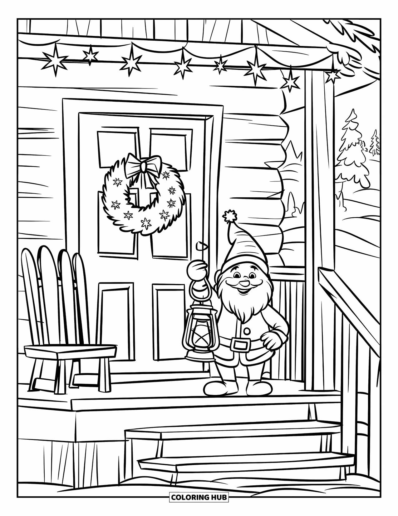 Christmas Gnome Coloring Page for Kids: Gnome on a cozy porch with lantern, wreath, and snowy forest around