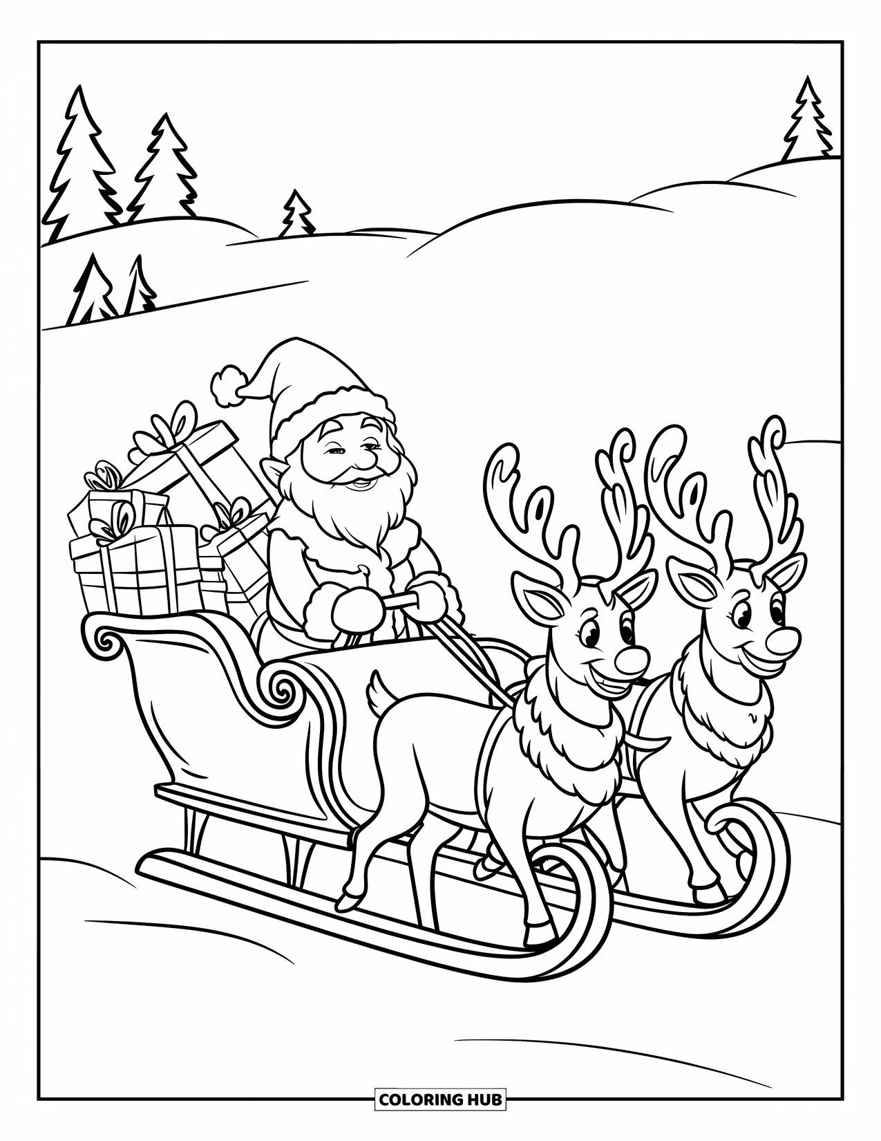 Christmas Gnome Coloring Page for Kids: Gnome on a sleigh with reindeer and gifts glides through a snowy field