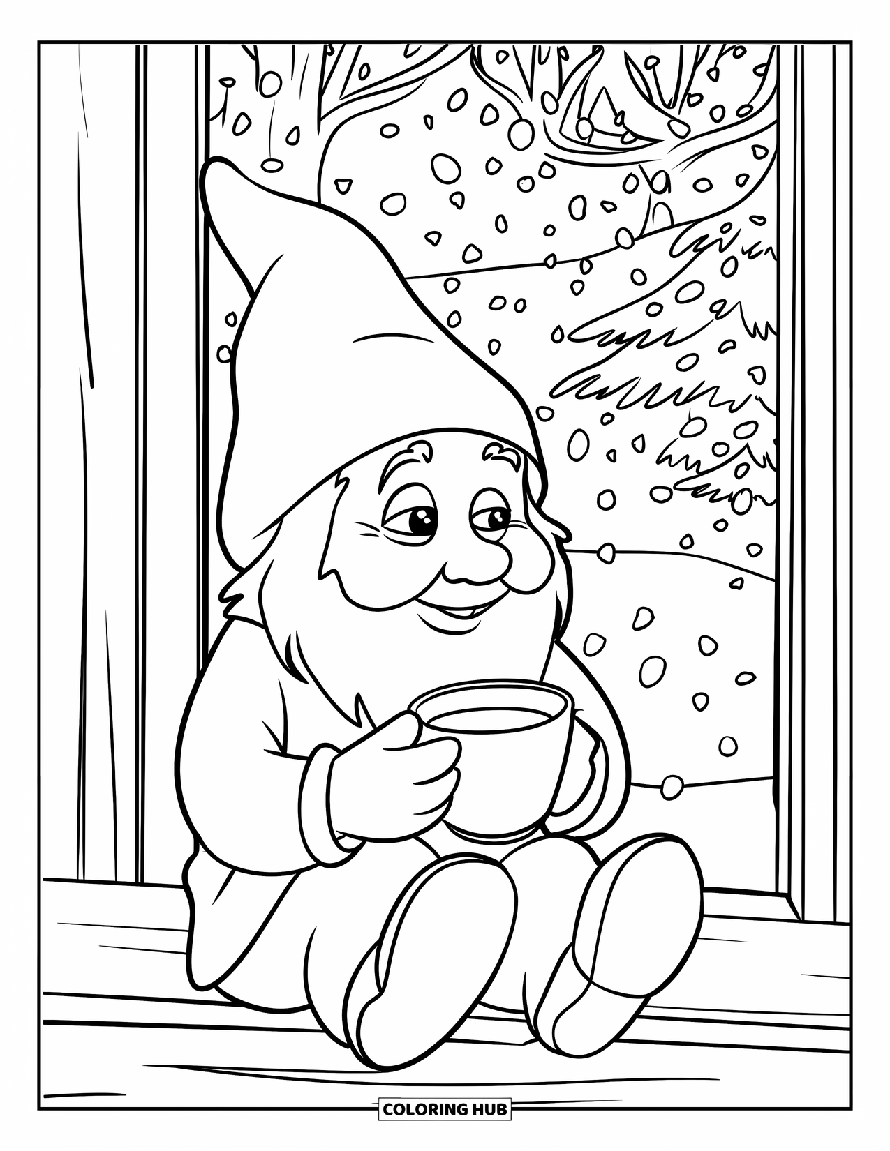 Christmas Gnome Coloring Page for Kids: Gnome sipping tea by the window as snow falls gently outside