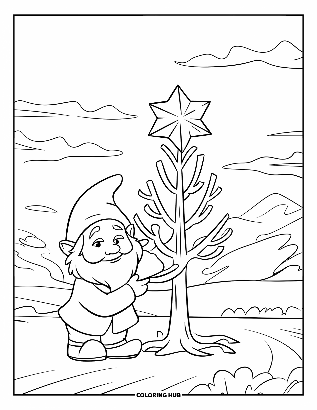 Christmas Gnome Coloring Page for Kids: Gnome stands with a star near a tree under the quiet mountain sky