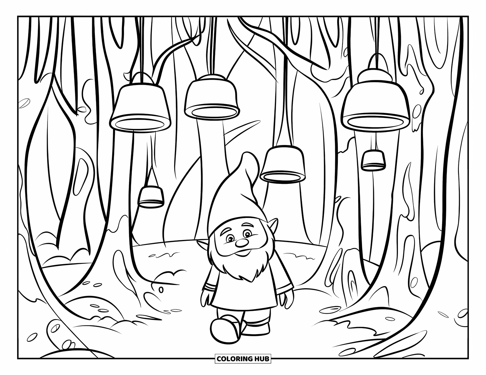 Christmas Gnome Coloring Page for Kids: Gnome walking through a forest clearing filled with hanging star lanterns