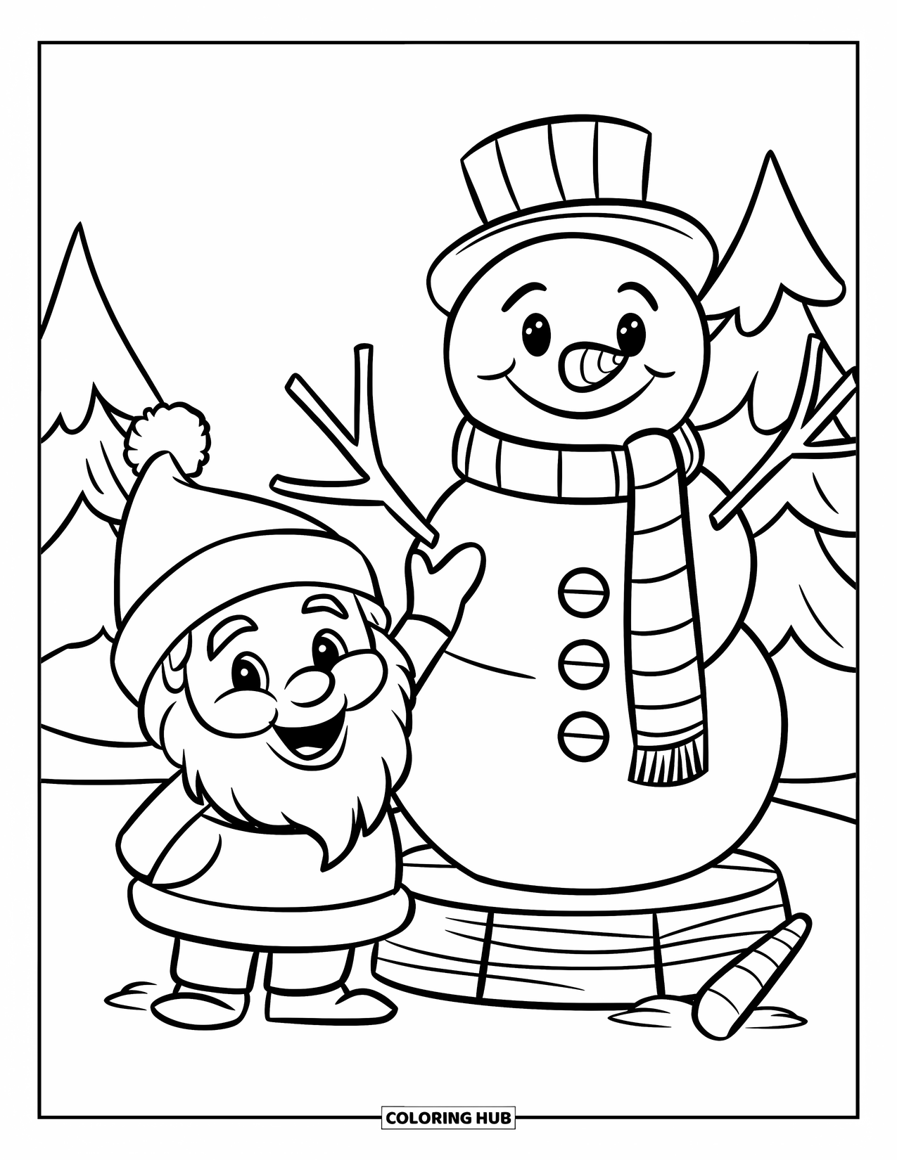Christmas Gnome Coloring Page for Kids: Gnome waves beside a snowman and candy cane in a snowy winter scene
