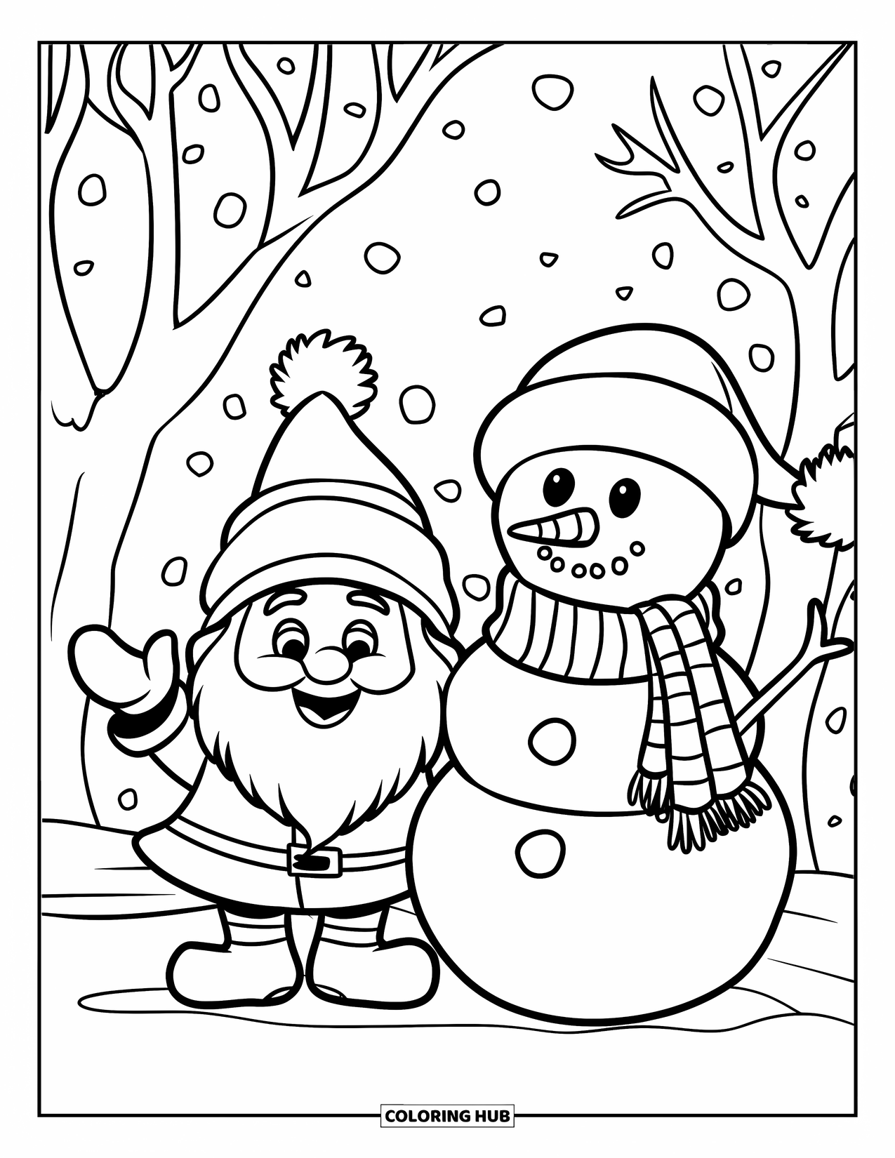 Christmas Gnome Coloring Page for Kids: Gnome waves beside a snowman with scarf and hat in a snowy forest