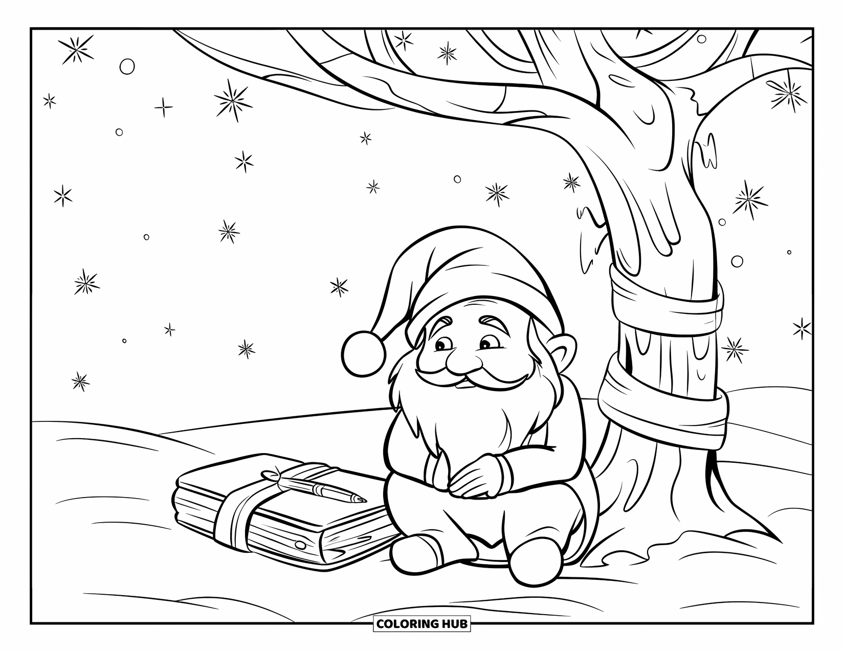 Christmas Gnome Coloring Page for Kids: Gnome with a journal under a lit tree beneath a starry winter sky