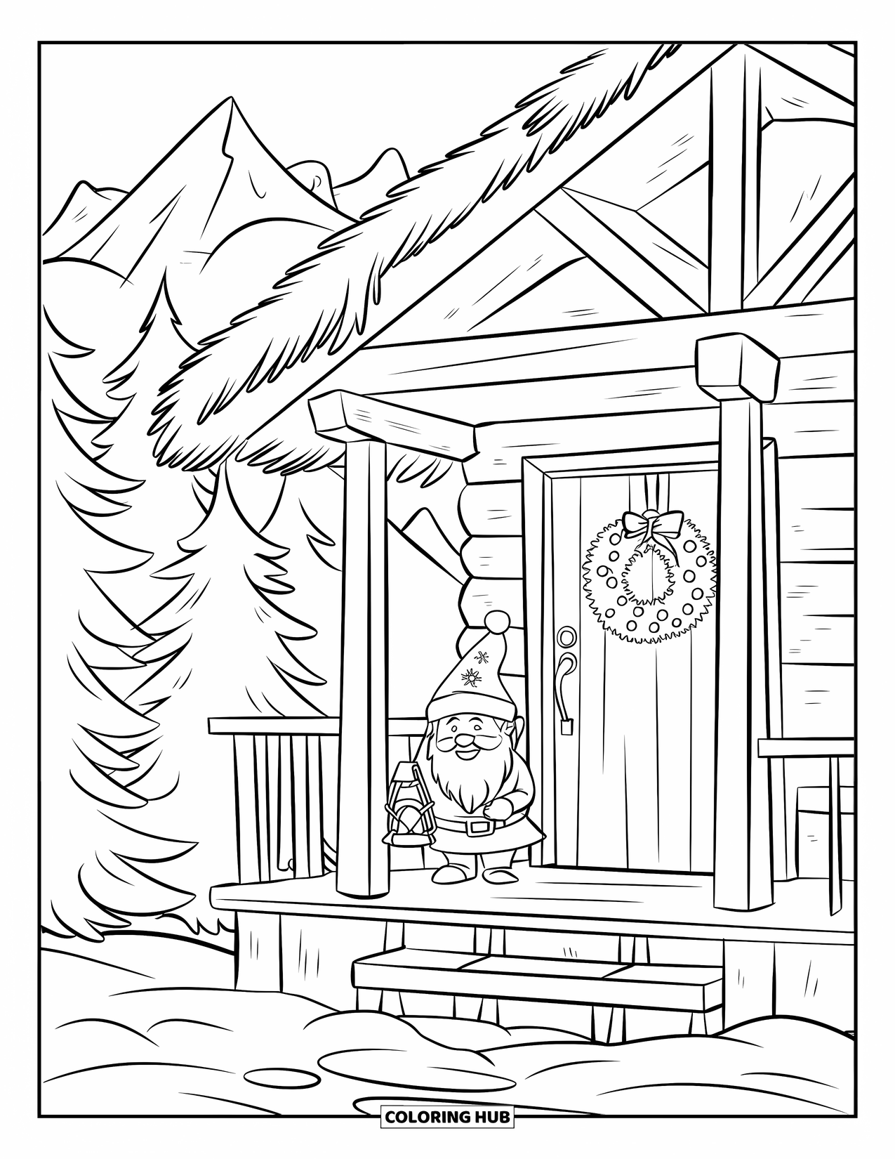 Christmas Gnome Coloring Page for Kids: Gnome with a lantern stands on a snowy cabin porch with a wreath on the door