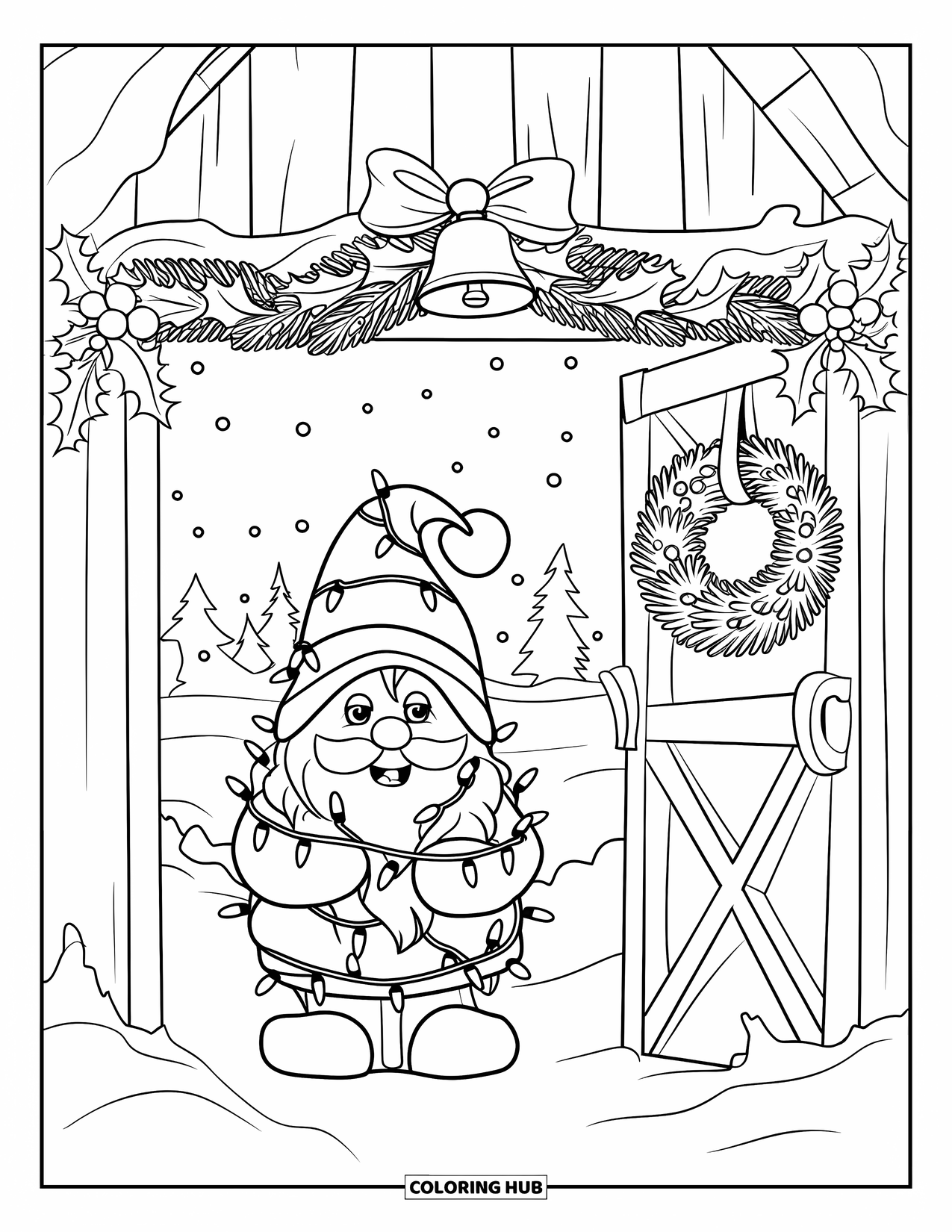Christmas Gnome Coloring Page for Kids: Gnome with fairy lights stands in a snowy barn doorway decorated with holly
