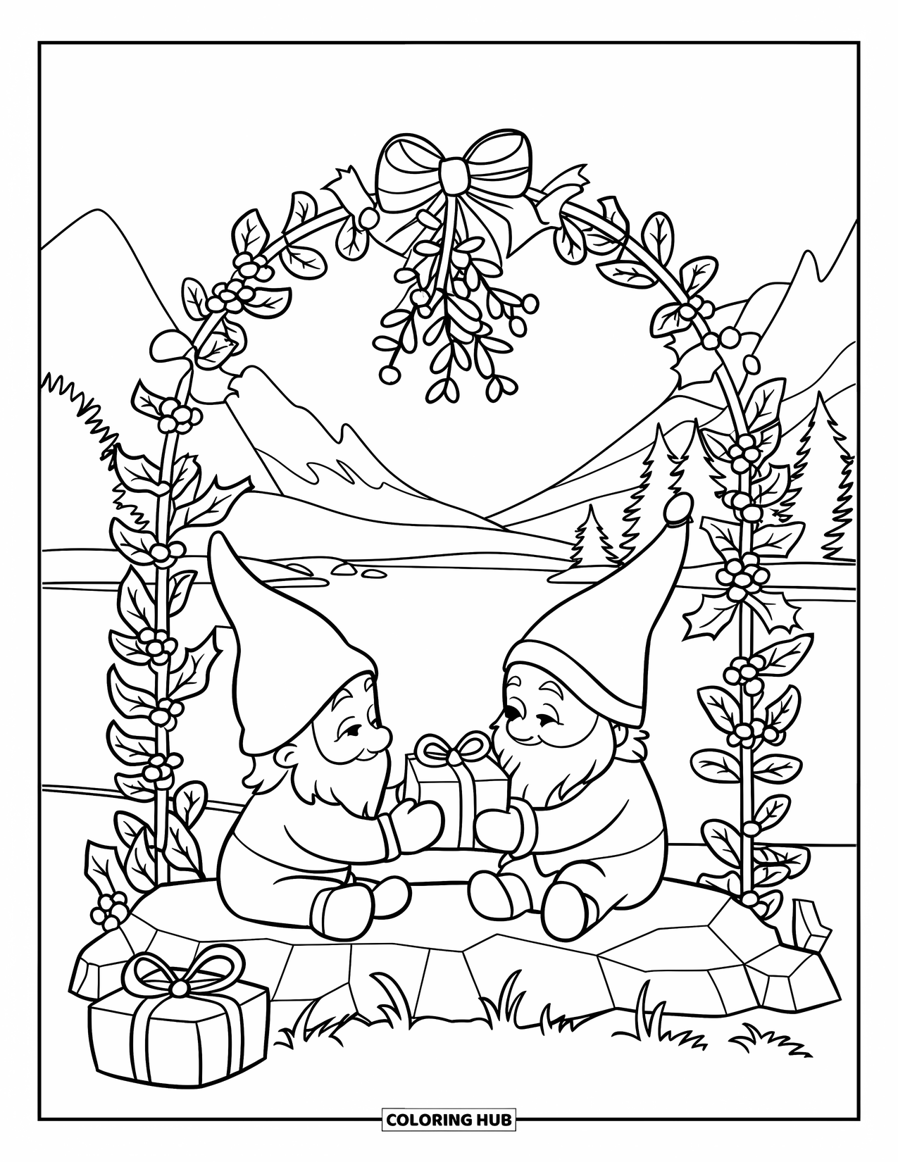 Christmas Gnome Coloring Page for Kids: Gnomes exchanging gifts under a festive arch with trees and mountains in the distance