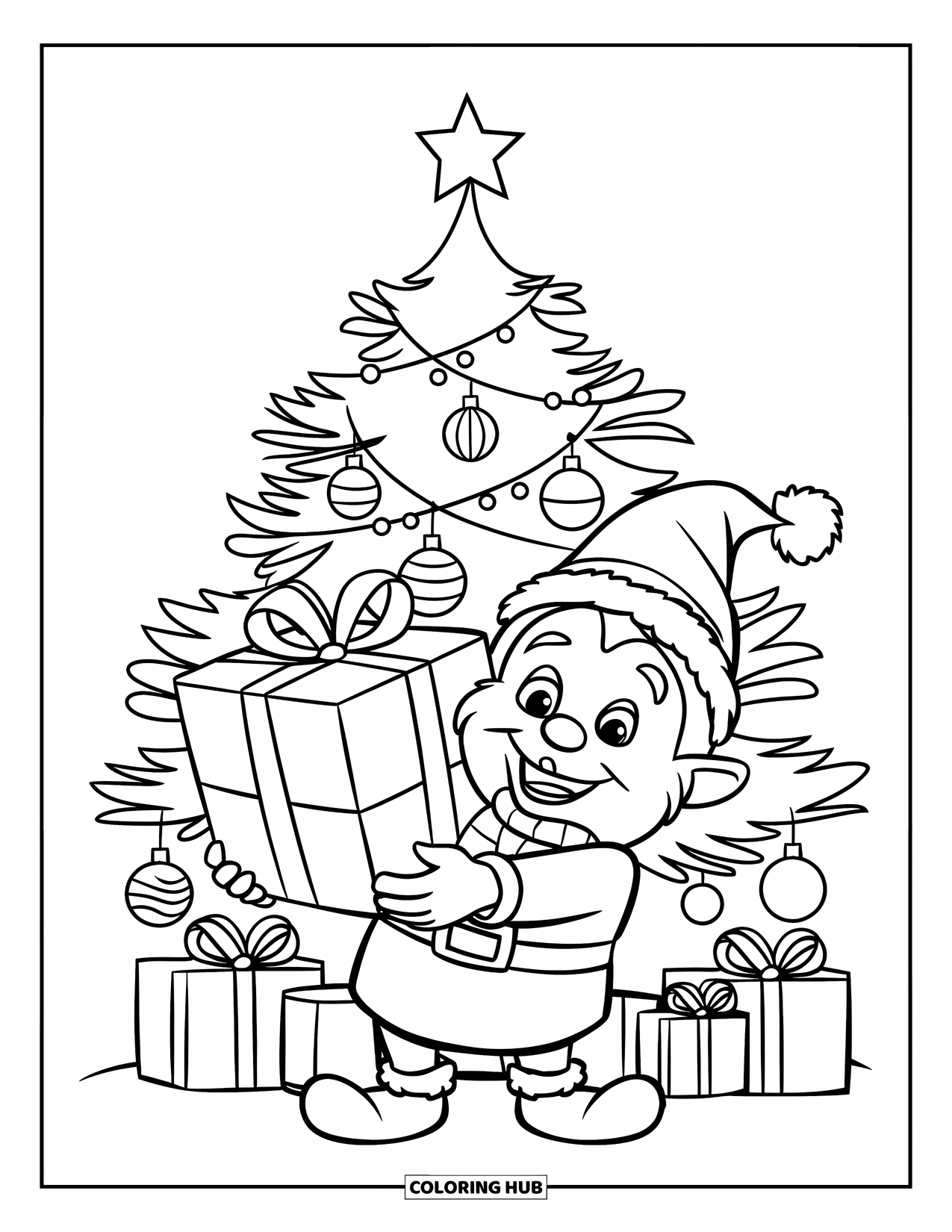 Christmas Gnome Coloring Page for Kids: Smiling gnome holds a giant gift under a decorated Christmas tree