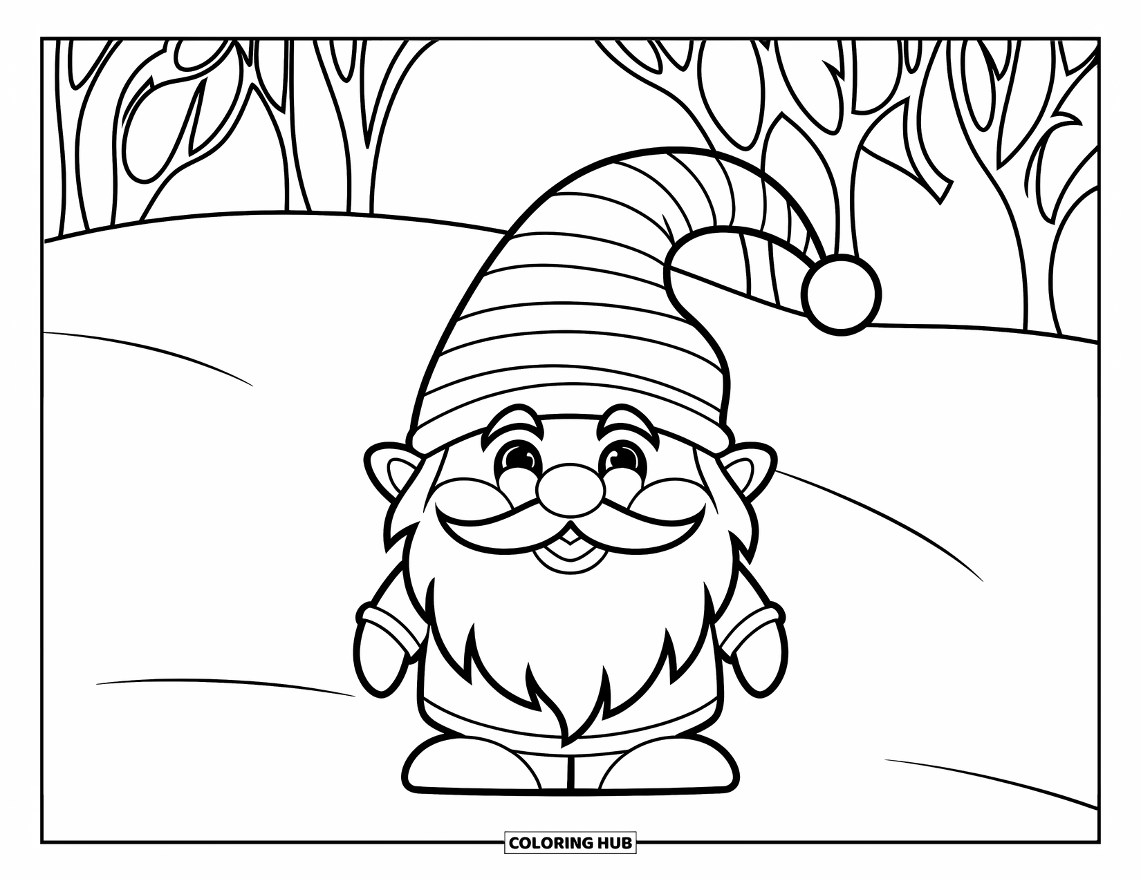 Christmas Gnome Coloring Page for Kids: Smiling gnome with green beard stands on a snowy hill with bare trees