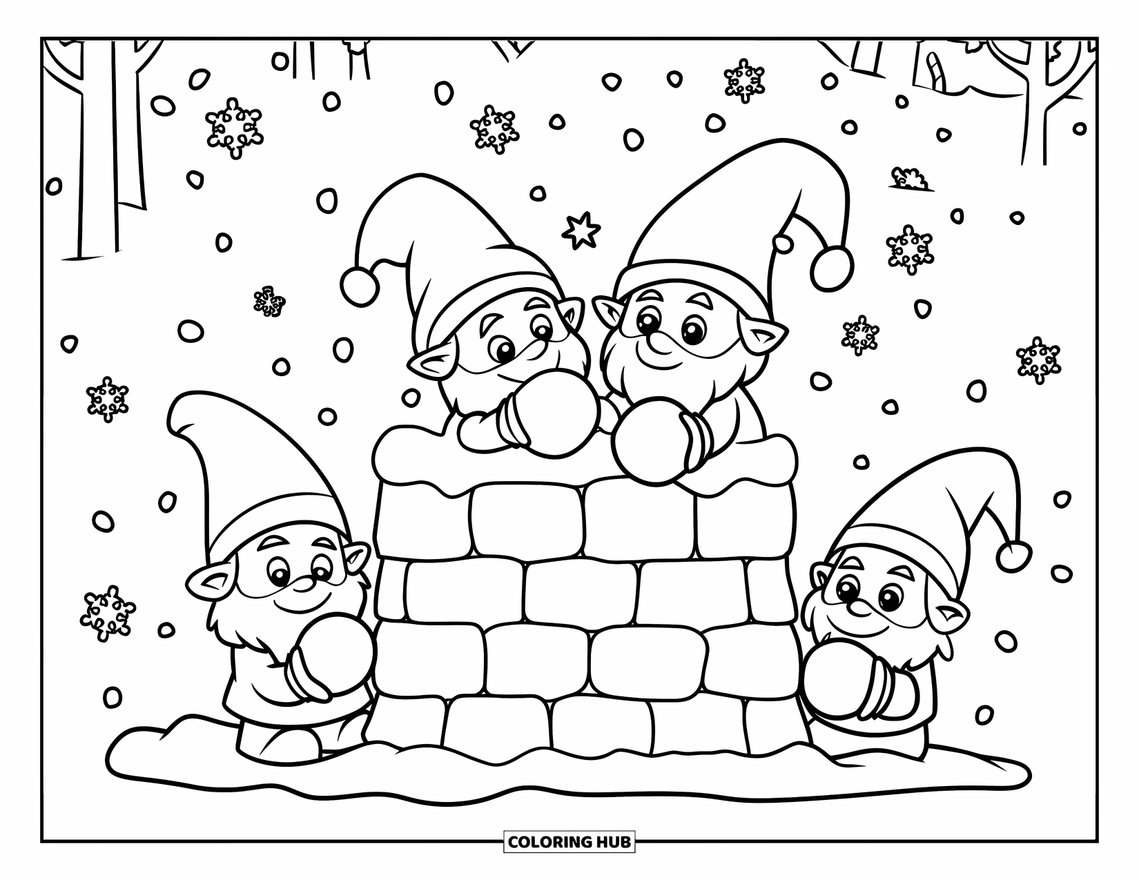 Christmas Gnome Coloring Page for Kids: Three gnomes building a snow fort with snowballs in hand