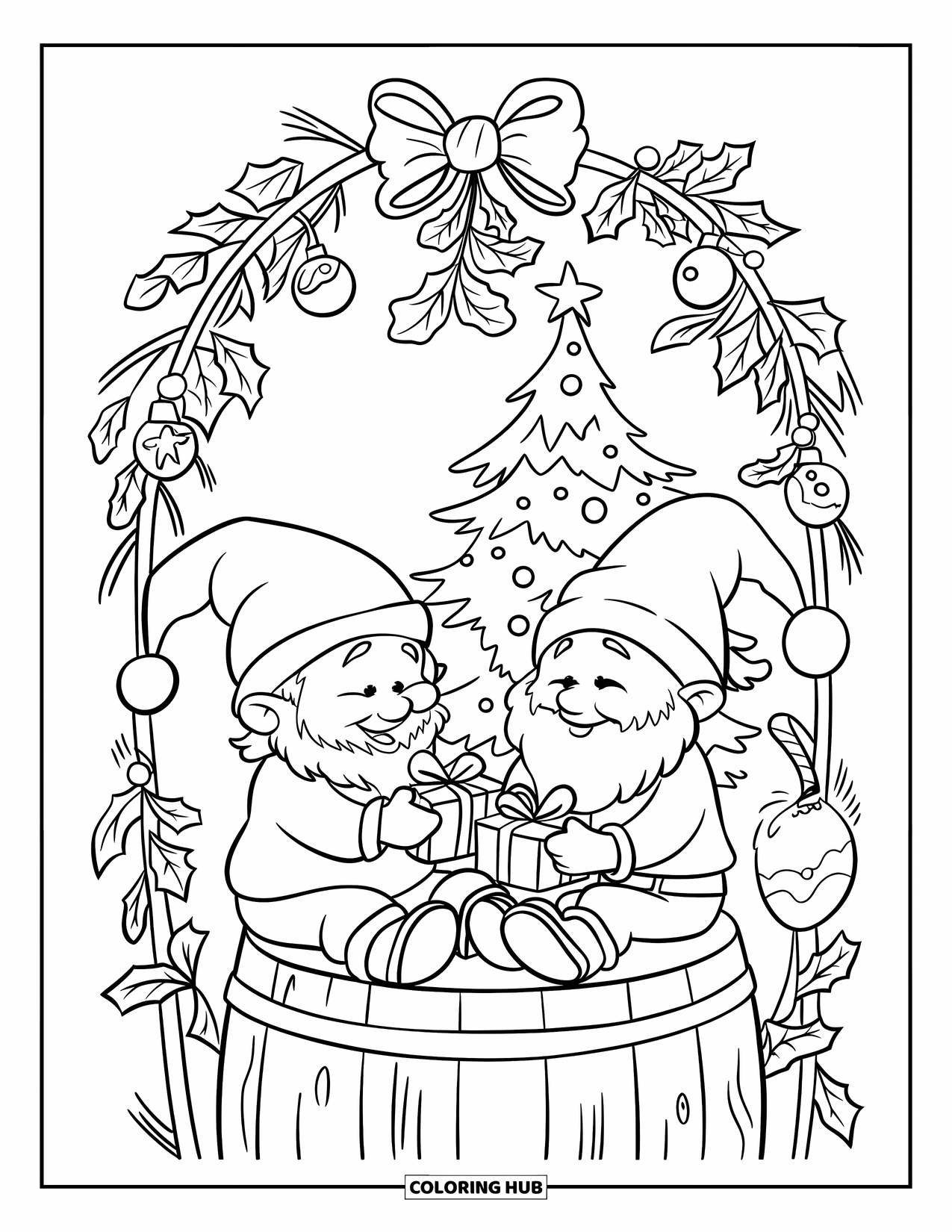 Christmas Gnome Coloring Page for Kids: Two gnomes exchange gifts under mistletoe by a decorated Christmas tree