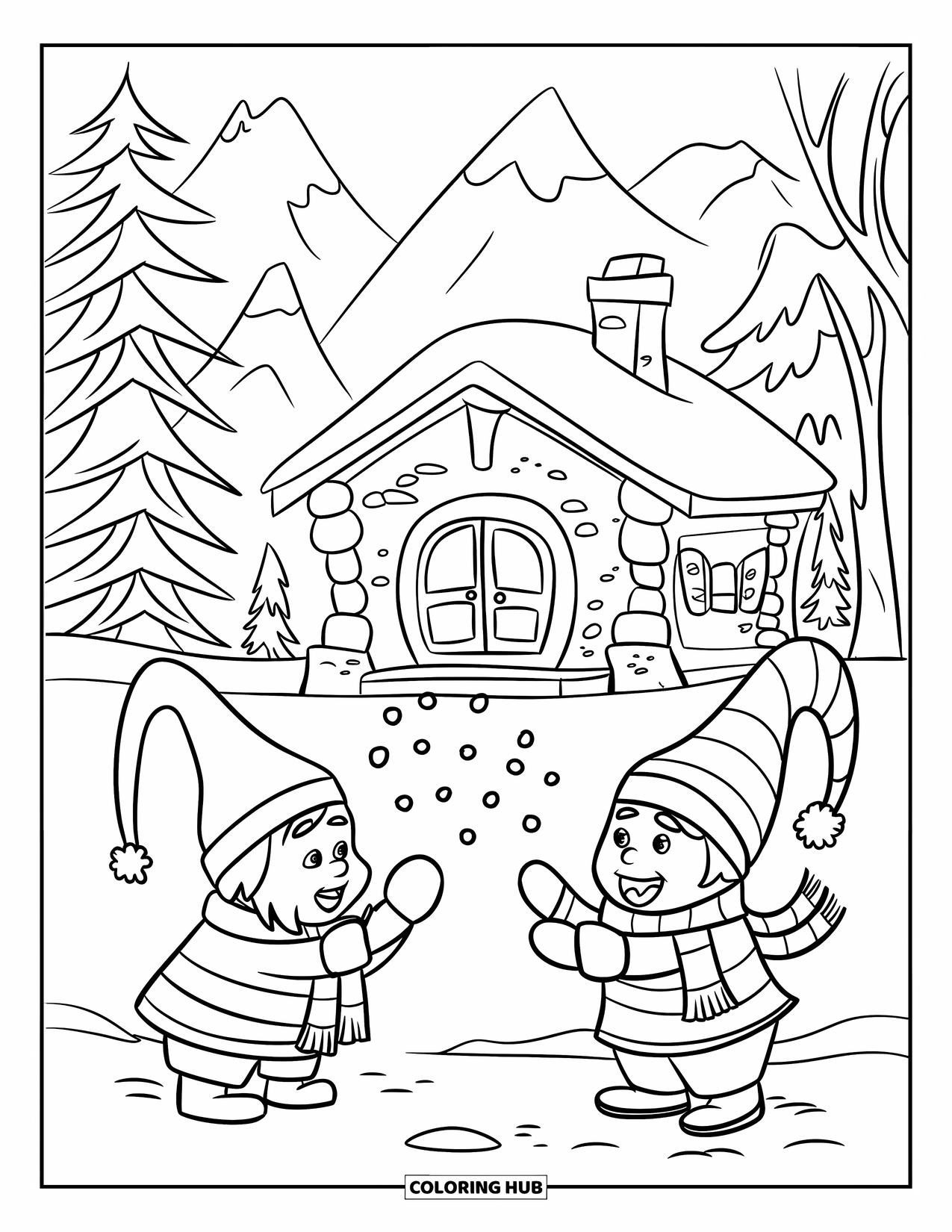 Christmas Gnome Coloring Page for Kids: Two gnomes throw snowballs at each other outside a cozy winter cabin