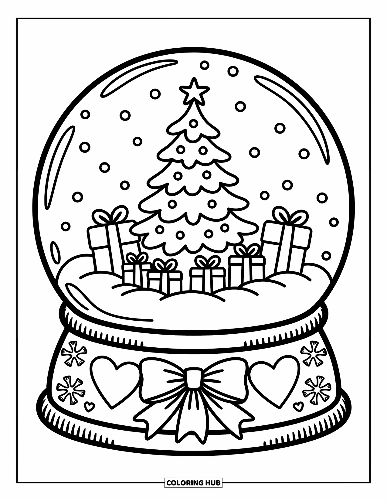 Christmas Tree Coloring Page for Adults: A snow globe holds a tree with candy canes, gifts, and carved snowflake patterns