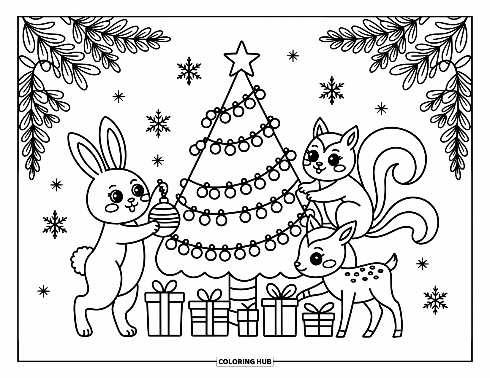 Christmas Tree Coloring Page for Adults: Bunny, squirrel, and deer decorate a cozy Christmas tree with stars twinkling above