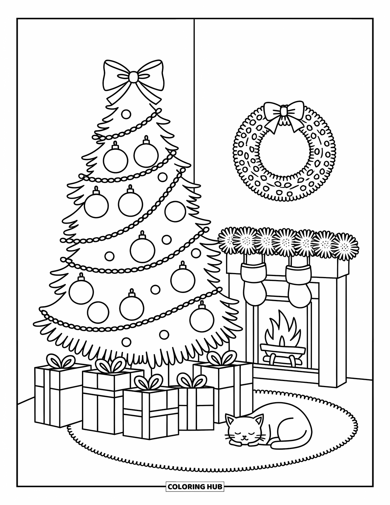 Christmas Tree Coloring Page for Adults: Cozy corner tree with presents, stockings, and a cat napping beside