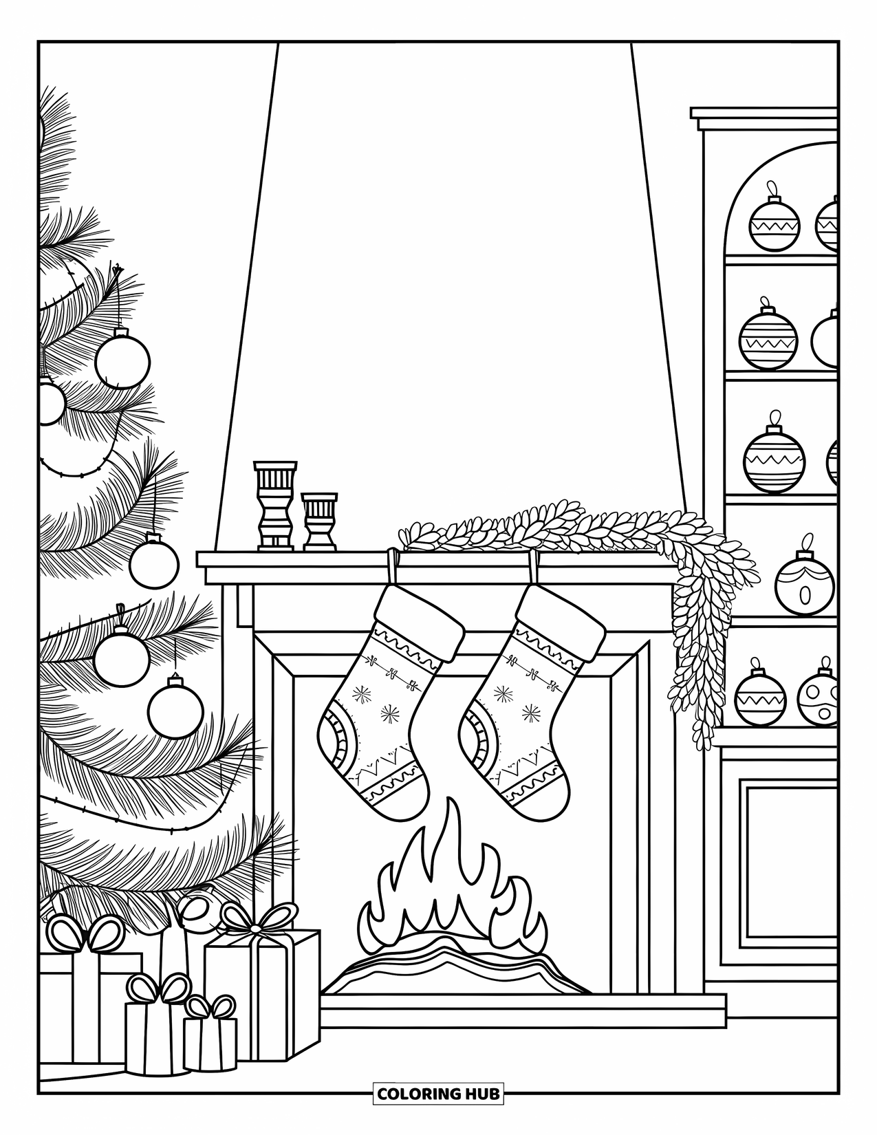 Christmas Tree Coloring Page for Adults: Cozy fireplace scene with a tall tree, stockings, and shelves of ornaments