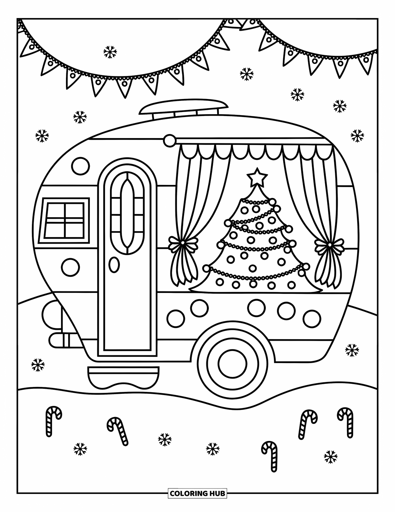 Christmas Tree Coloring Page for Adults: Decorated camper van with tree and curtains in a peaceful snowy setting