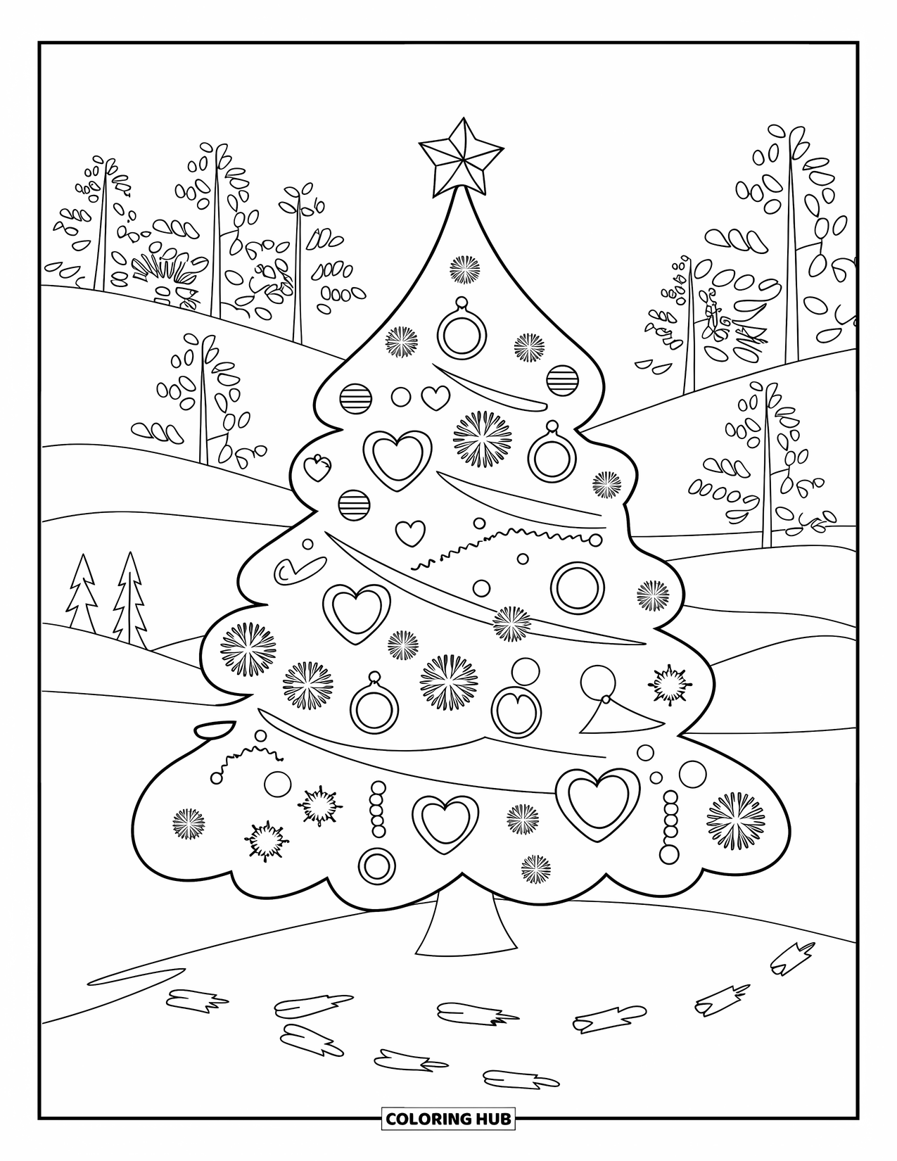 Christmas Tree Coloring Page for Adults: Decorated tree in snowy landscape with footprints and distant pine forest