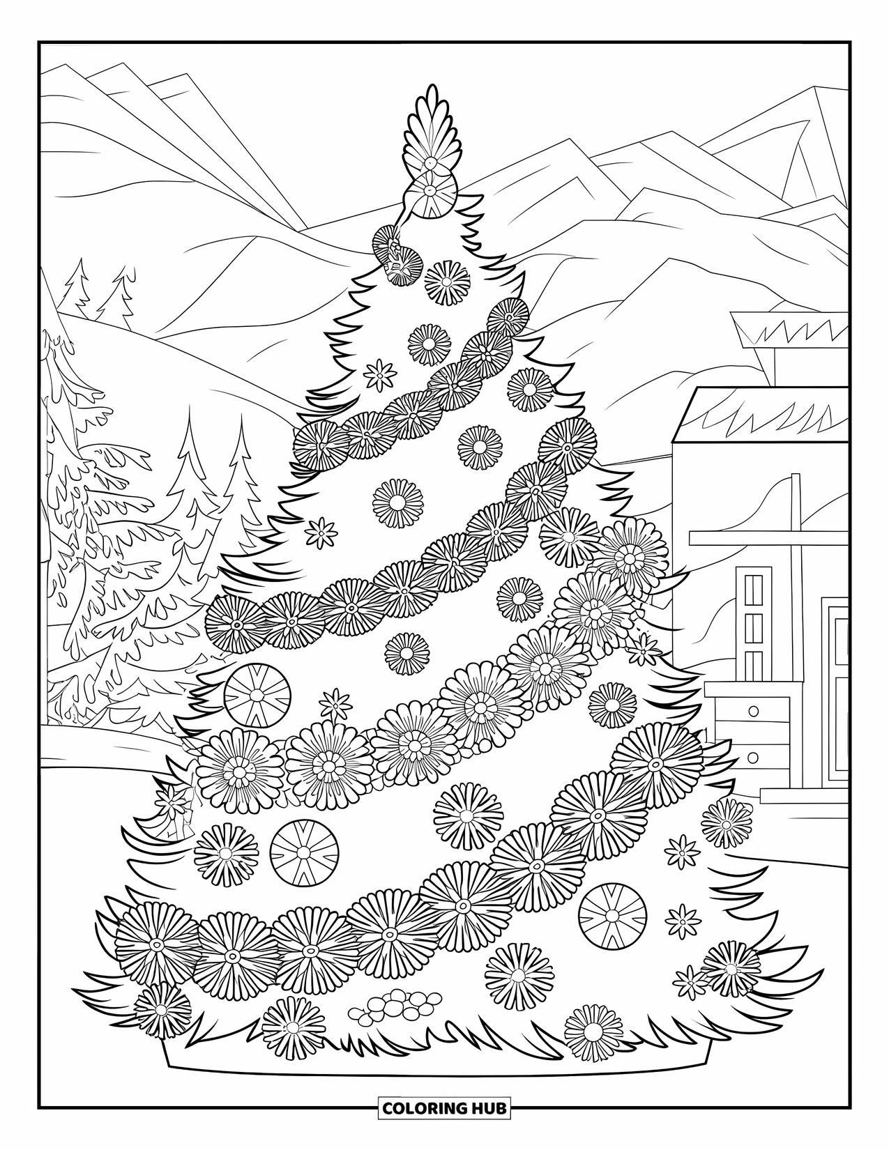 Christmas Tree Coloring Page for Adults: Elegant tree with florals and garlands in a snowy mountain scene