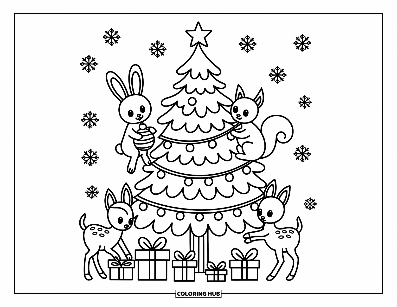 Christmas Tree Coloring Page for Adults: Forest animals decorate a cheerful tree with snowflakes gently falling around them