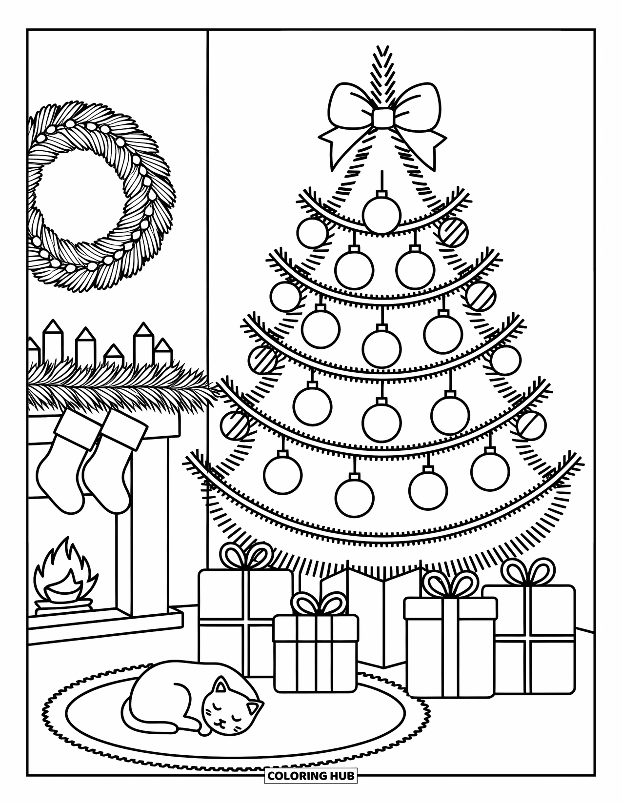 Christmas Tree Coloring Page for Adults: Living room tree with ornaments, garlands, and a cat curled by the gifts