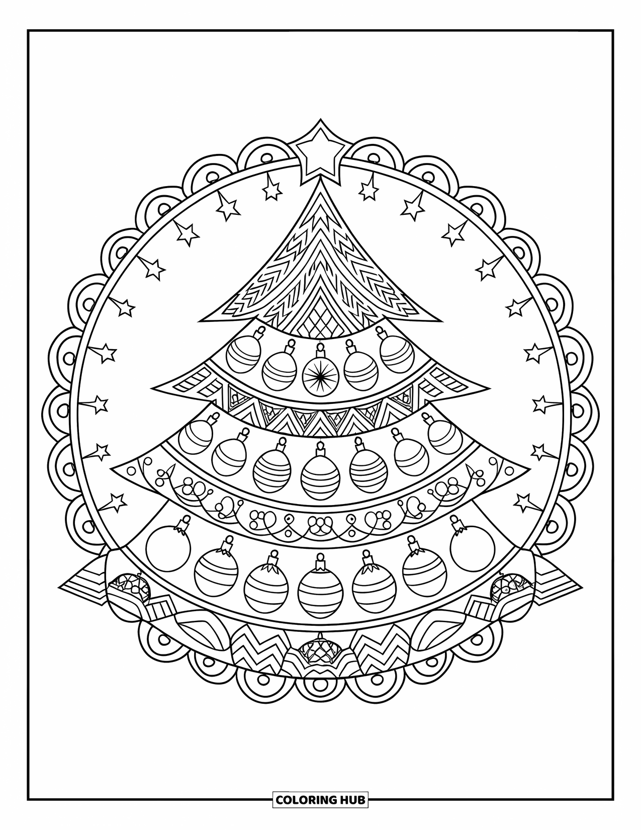 Christmas Tree Coloring Page for Adults: Mandala-style tree with patterned branches and baubles in a white frame