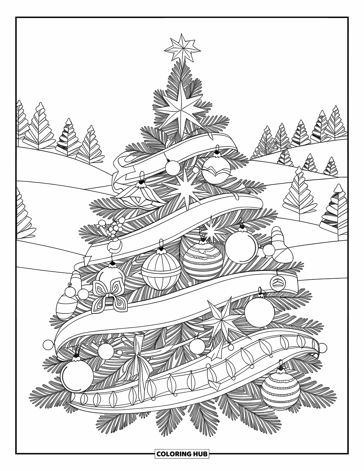 Christmas Tree Coloring Page for Adults: Mandala tree with stars and ribbons in a snowy outdoor scene